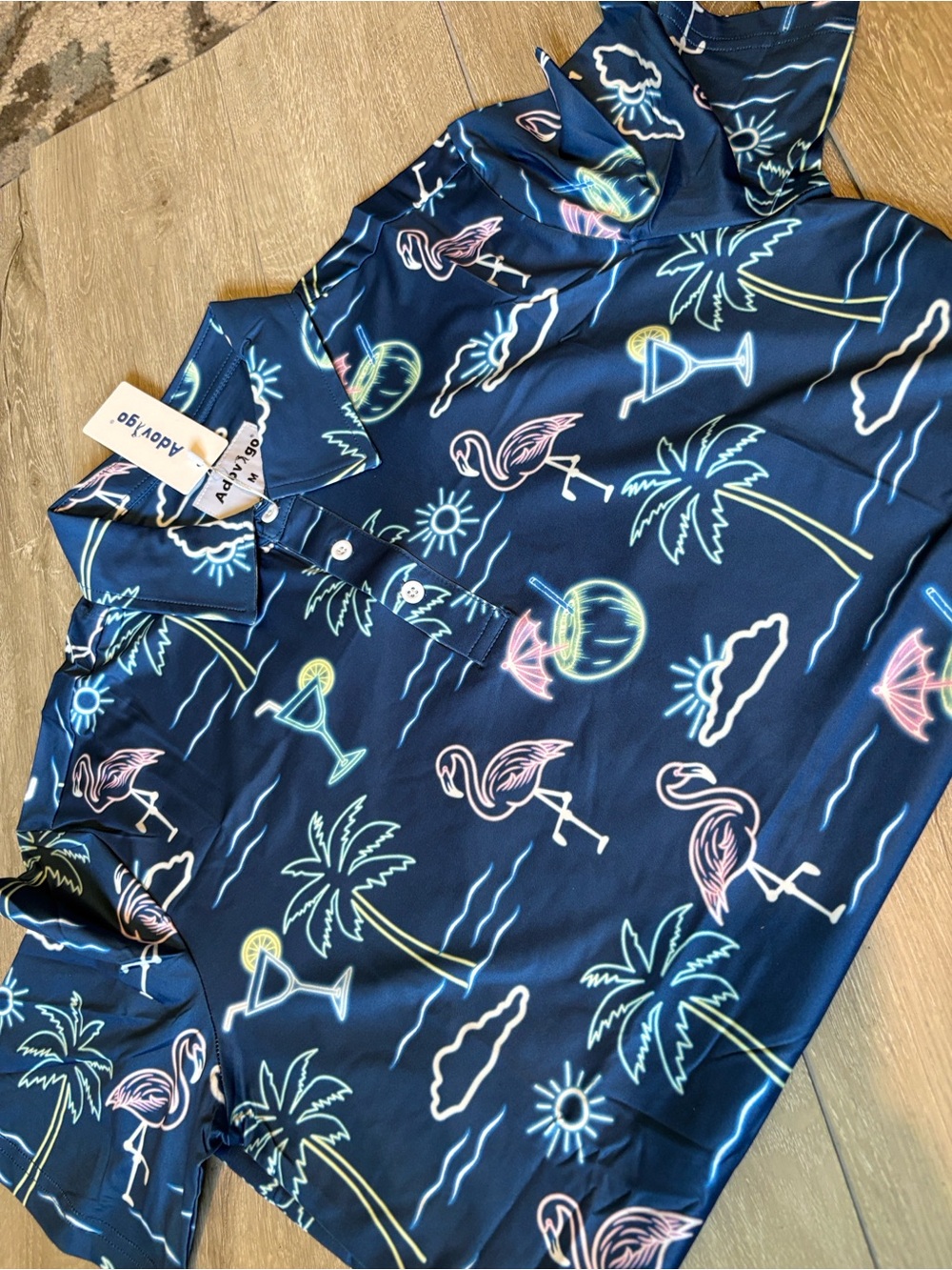 Aqua Navy Neon Palm & Flamingo Polo